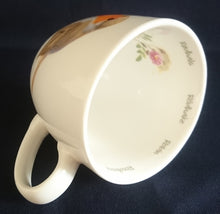 Lade das Bild in den Galerie-Viewer, KAFFEE SAMMELTASSE - Porzellan, Flora Fauna Vogel Vögel Rotkehlchen Rosenblumen Blüten Blatt Blätter Sprachen Aufschrift Motiv Dekor