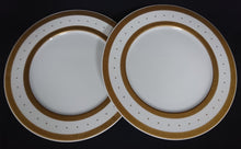 Lade das Bild in den Galerie-Viewer, SPEISETELLER - Porzellan, Goldrand Breite Streifen Vierecke Quadrate Punkte Motiv Dekor