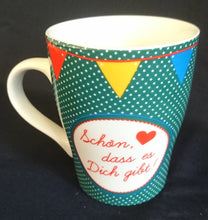Lade das Bild in den Galerie-Viewer, KAFFEETASSE - Porzellan, Punkte Karos Herz Liebe Schön das es dich gibt Aufschrift Motiv Dekor