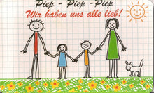 Lade das Bild in den Galerie-Viewer, FRÜHSTÜCKSBRETTCHEN - Kunststoff / Plastik, Rechteckige Form, Familienmotiv Schriftzug "Piep Piep Piep, wie haben uns alle lieb!" Dekor