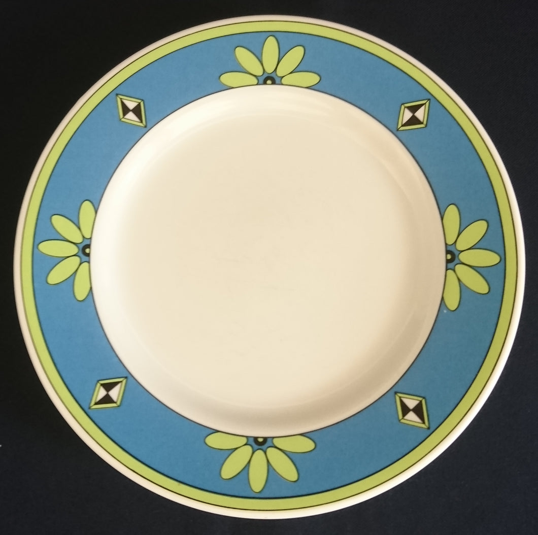 DESSERTTELLER - Porzellan, Grüner Breiter Schmaler Linien Rand Blumenblüten Karo Diamant Motiv Dekor