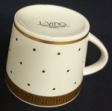 Lade das Bild in den Galerie-Viewer, 2er KAFFEEGEDECK - Porzellan, Goldrand Breite Streifen Vierecke Quadrate Schachbrett Punkte Motiv Dekor
