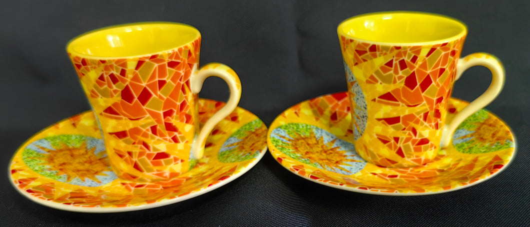 2er Set 2er ESPRESSOGEDECKE - Porzellan, Abstrakt Geometrisch Diamanten Glas Splitter Motiv Dekor