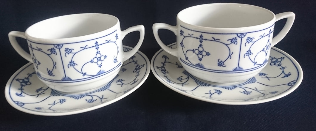 2er Set 2er SUPPENTASSEN GEDECKE - Porzellan, Indisch Blau Strohblumen Motiv Dekor