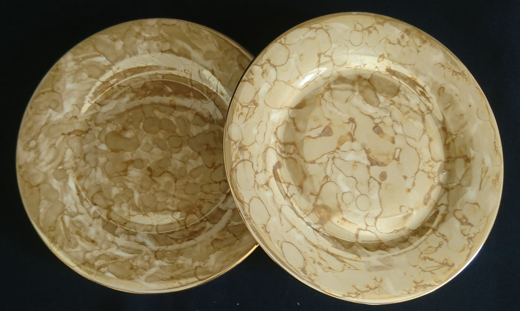 2er Set DESSERTTELLER - Porzellan, Goldrand Perlmut Abstrakt Batik Motiv Dekor