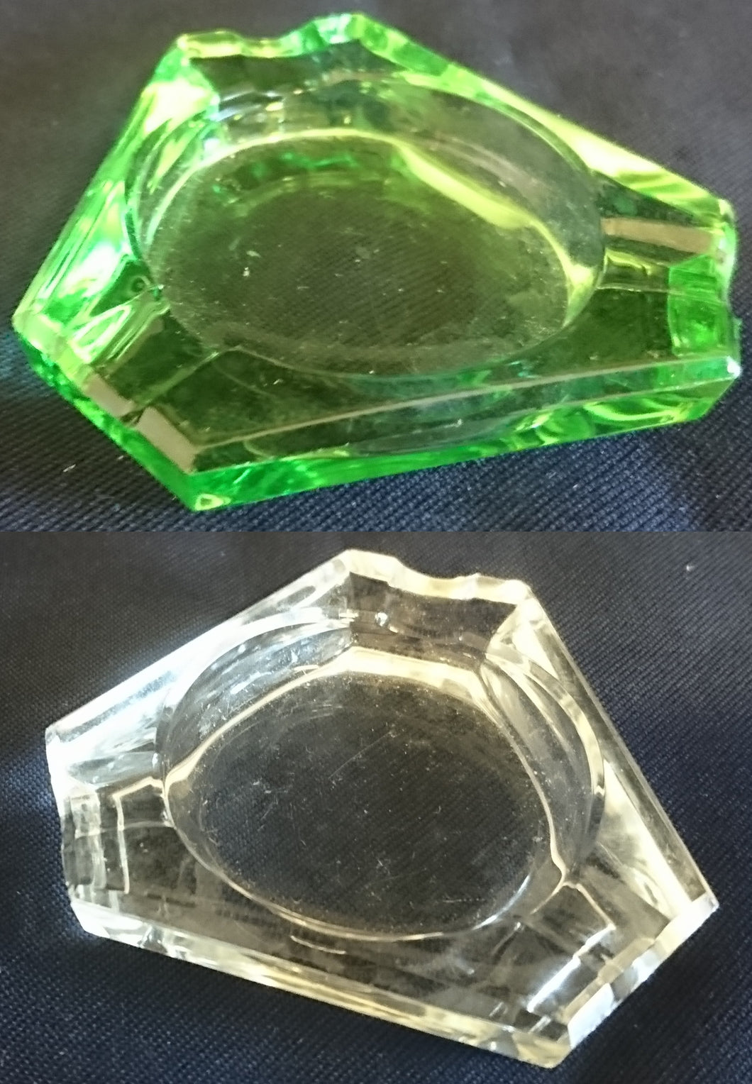 2er Set KLEINE ASCHENBECHER - Hartglas, Klarer & Grüner Geometrische Dreieckige Kantige Form Dekor