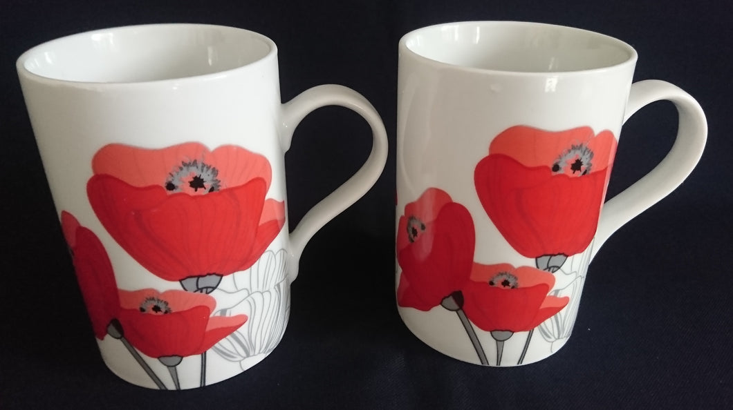 2er Set KAFFEETASSEN - Porzellan, Flora Mohnblumen Blüten Pflanzen Motiv Dekor