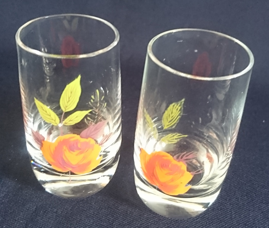 2er Set SHOT~ SCHNAPS~ GETRÄNKEGLÄSER - Hartglas, Flora Rosen Blumenblüte Blatt Blätter Motiv Dekor