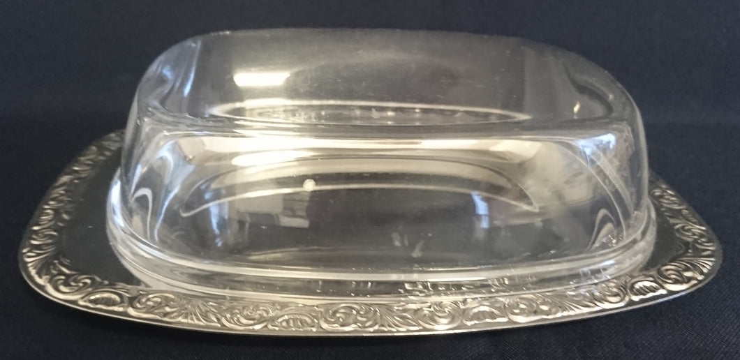 BUTTERDOSE MIT DECKEL - Metall & Kunststoff, Abstrakt Ornamente Rand Relief Motiv Dekor