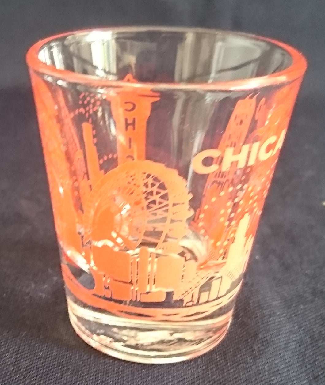 SHOT KURZE SCHNAPS- GETRÄNKEGLAS - Hartglas, USA Chicago City Metropole Stadt Aufschrift Motiv Dekor