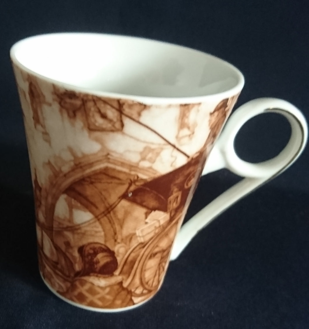 KAFFEETASSE - Porzellan, Gemälde Malerei Stadtleben Aufschrift Motiv Dekor (BC)