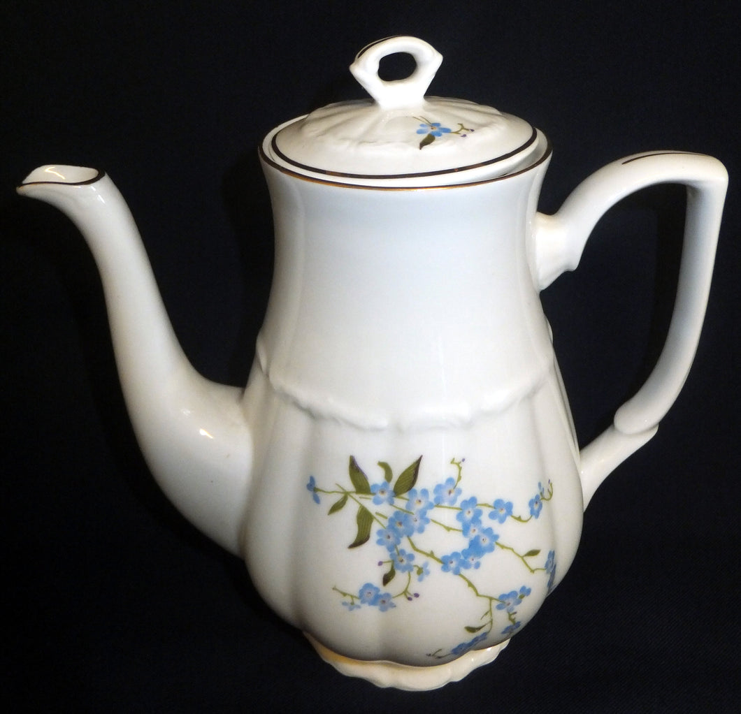 MOCCA KAFFEEKANNE MIT DECKEL - Porzellan, Goldrand Vergiss mein Nicht Blumenblüten Flora Pflanzen Gewölbter Relief Motiv Dekor