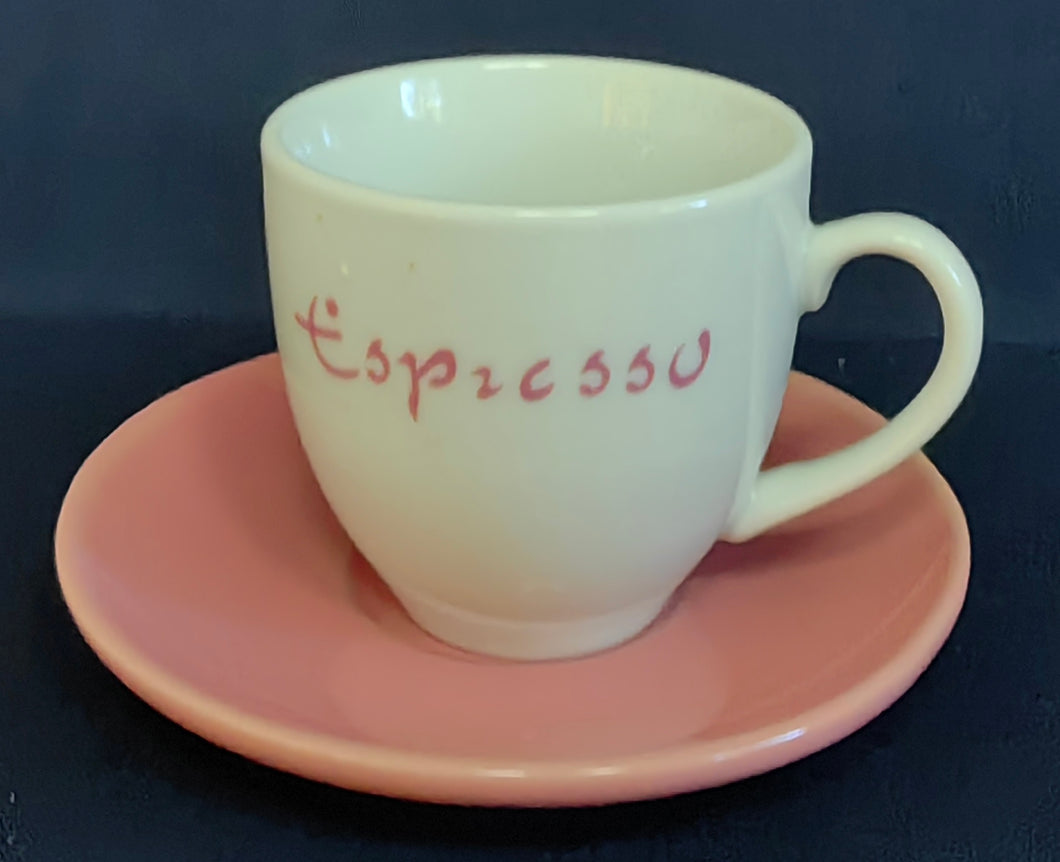2er ESPRESSO~ KAFFEEGEDECK - Porzellan, Rosa Färbiges Espresso Aufschrift Druck Motiv Dekor
