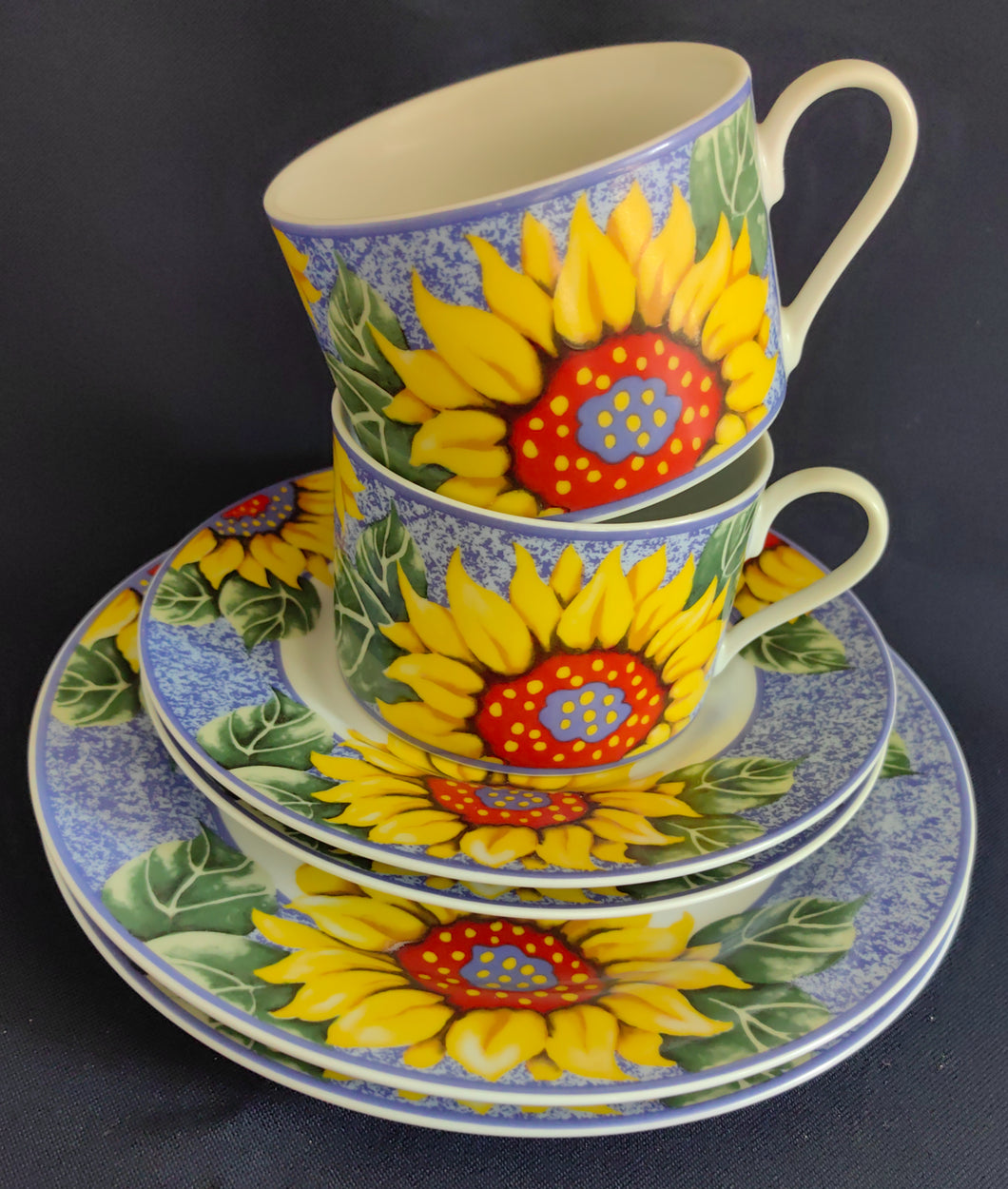 2er Set 3er KAFFEEGEDECKE - Porzellan, Flora Sommer Sonnenblumen Blüten Motiv Dekor