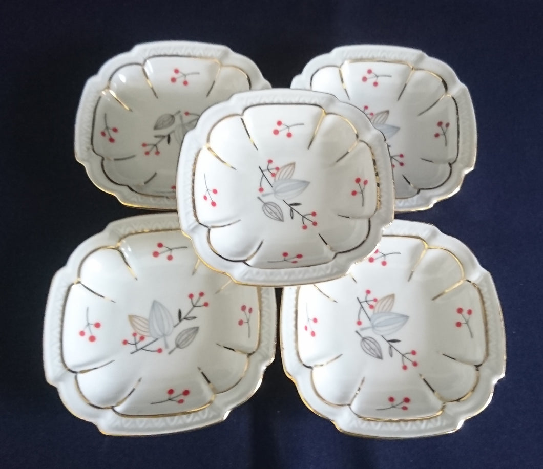 5er Set BEILAGENSCHÄLCHEN - Porzellan, Gold Linien Flora Pflanzen Randwölbungen Relief Motiv Dekor