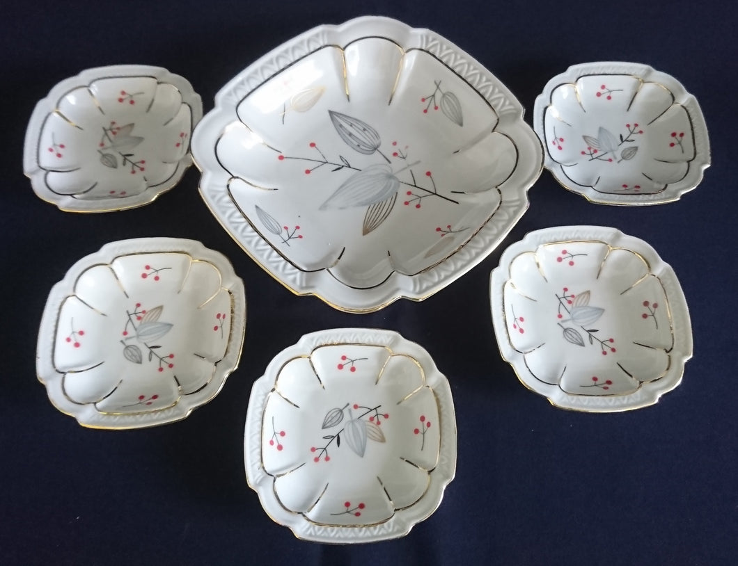 6er Set BEILAGENSCHALE & ~SCHÄLCHEN - Porzellan, Gold Linien Flora Pflanzen Randwölbungen Relief Motiv Dekor
