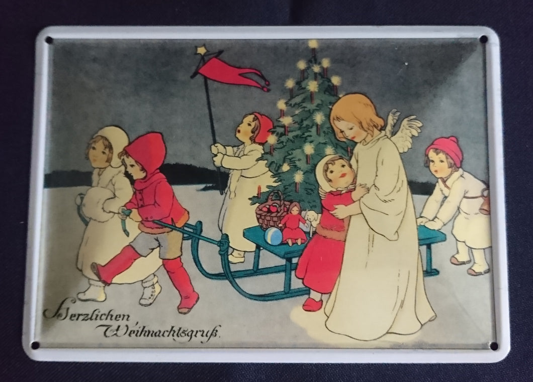 BLECHPOSTKARTE - Metall / Blech, Weihnachtsbaum Engel Kinder Schlitten Motiv Dekor (G)