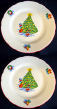 Lade das Bild in den Galerie-Viewer, 2er Set DESSERTTELLER - Porzellan, Kinder Weihnachtsbaum Motiv Linienrand Dekor
