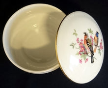 Lade das Bild in den Galerie-Viewer, SCHMUCKDOSE MIT DECKEL - Porzellan, Goldrand Flora Fauna Kanarienvögel Vogel Blumen Pflanzen Blüten Motiv Dekor Linien Balken Senkrecht Relief Dekor
