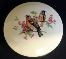 Lade das Bild in den Galerie-Viewer, SCHMUCKDOSE MIT DECKEL - Porzellan, Goldrand Flora Fauna Kanarienvögel Vogel Blumen Pflanzen Blüten Motiv Dekor Linien Balken Senkrecht Relief Dekor
