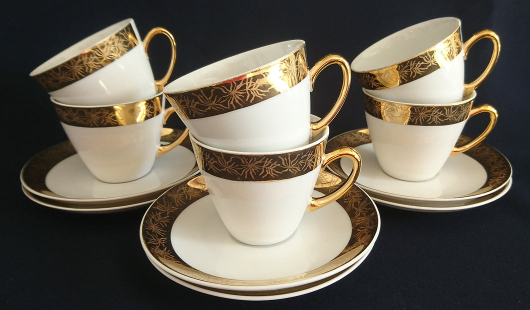 12 Teiliges KAFFEESERVICE - Porzellan, Goldrand Breit Abstrakt Geometrisch Pflanzen Flora Motiv Dekor