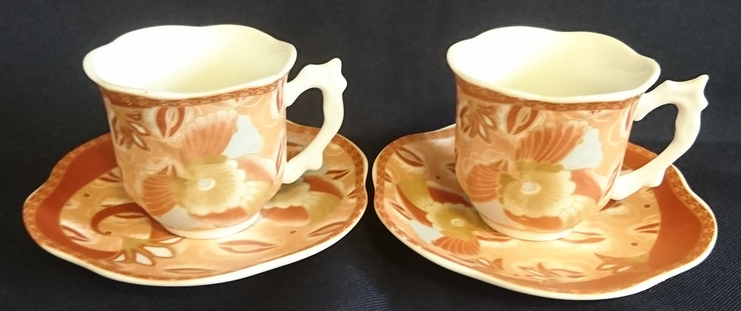 2er Set 2er ESPRESSOGEDECKE - Porzellan, Perlmutt Effekt Abstrakt Flora Fauna Pflanzen Motiv Gewölbte Form Dekor