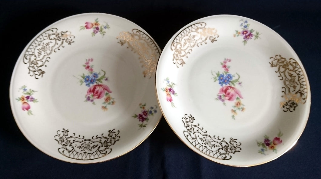 2er Set DESSERTTELLER - Porzellan, Abstraktes Blumen Motiv Goldrand Dekor