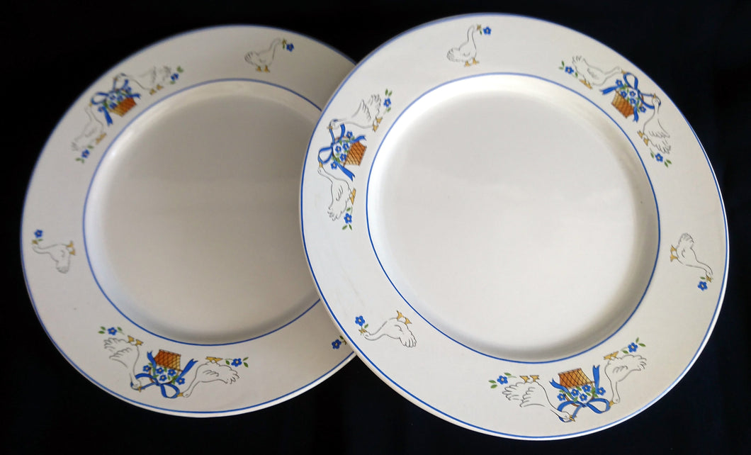2er Set SPEISETELLER - Keramik / Steingut, Rand Linien Gänse Blumen Blüten Schleife Korb Motiv Dekor