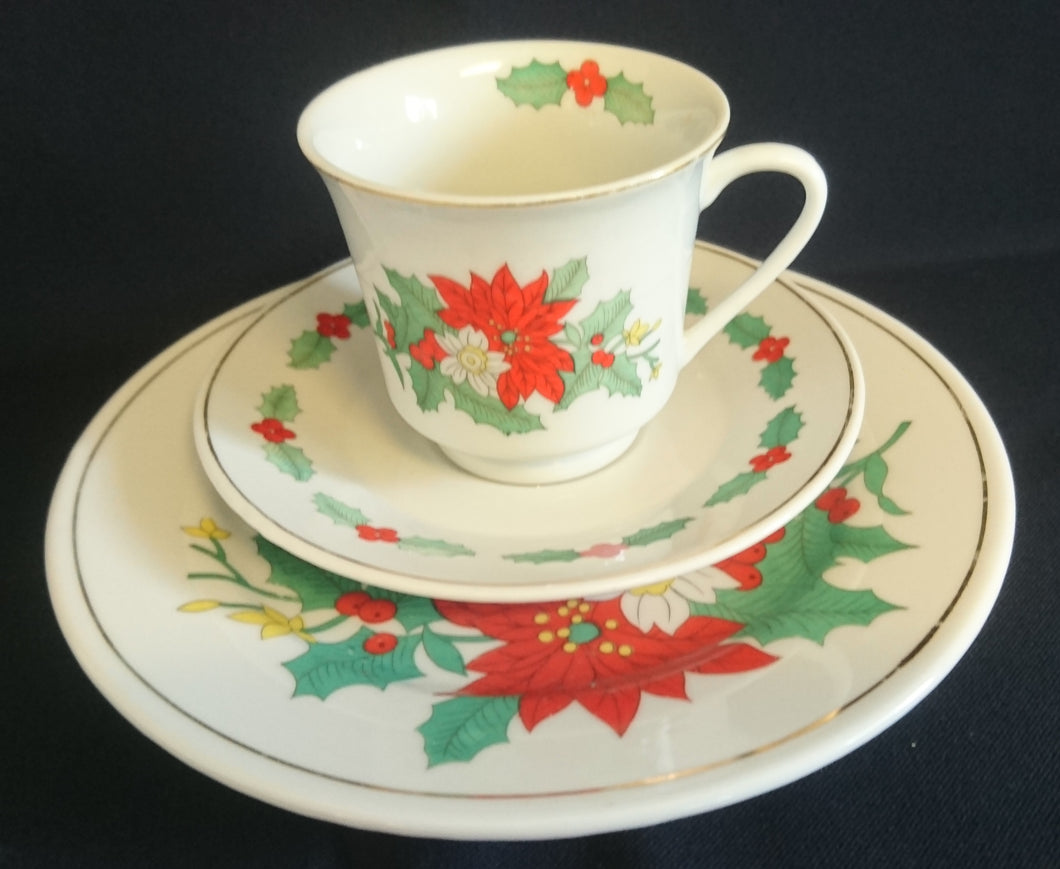 3er KAFFEEGEDECK - Porzellan, Advents Weihnachtsstern Flora Blatt Blätter Goldrand Dekor