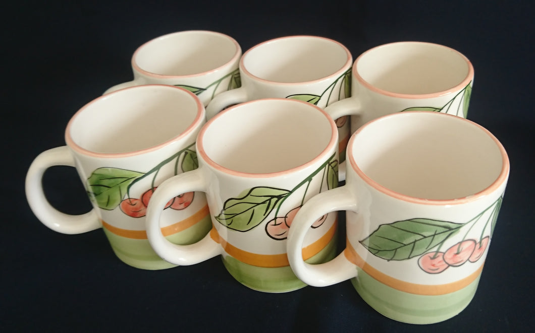 6er Set KAFFEETASSEN - Fein Keramik / Steingut, Kirschen Blätter Zweige Motiv Dekor