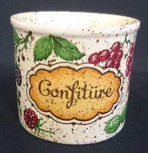Lade das Bild in den Galerie-Viewer, KONFITÜRE-BEHÄLTER OHNE DECKEL - Keramik / Steingut, Obstfrüchte Blätter Confitüre Aufschrift Motiv Gesprengeltes Dekor
