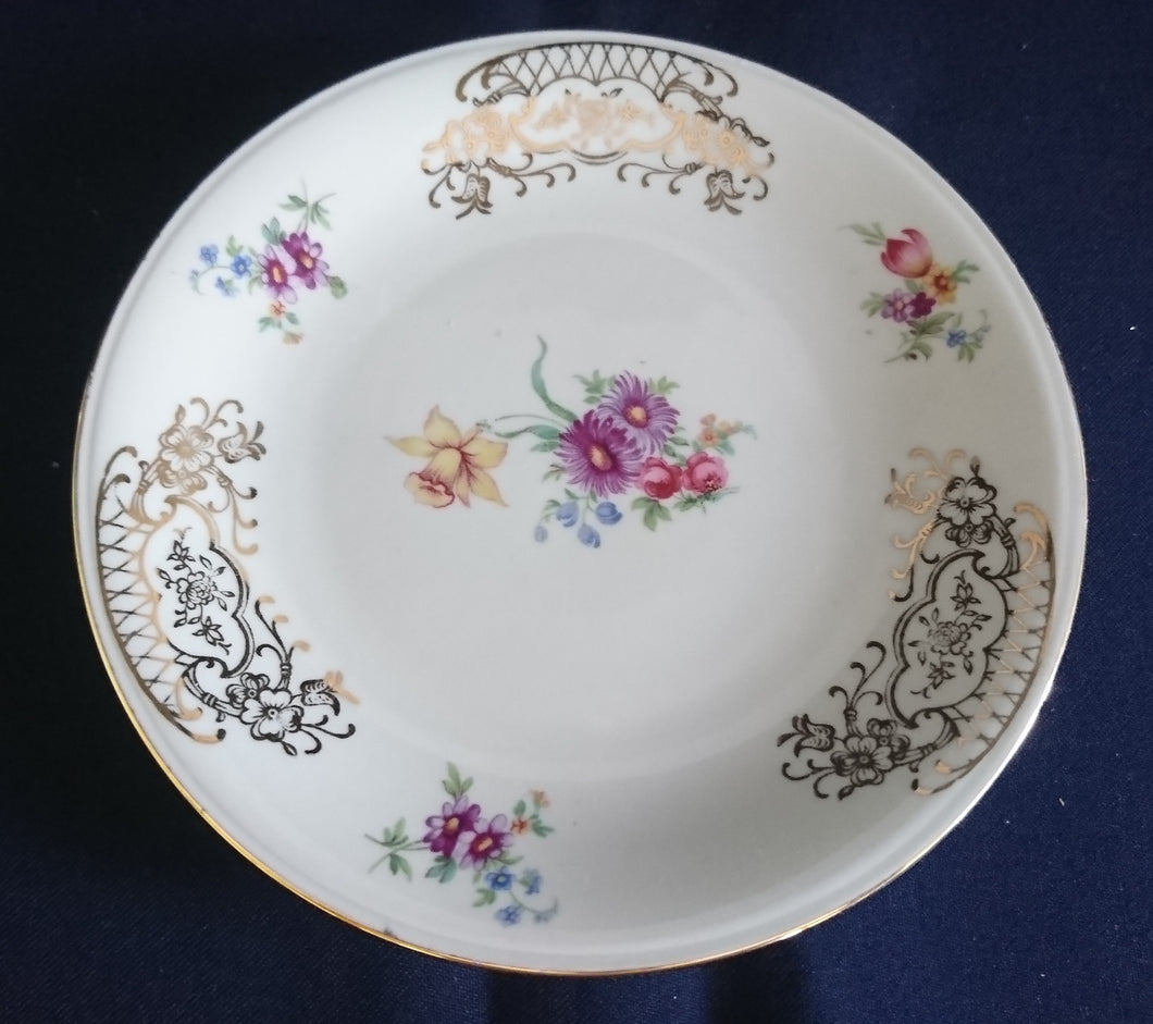 DESSERTTELLER - Porzellan, Abstraktes Blumen Motiv Goldrand Dekor (A)