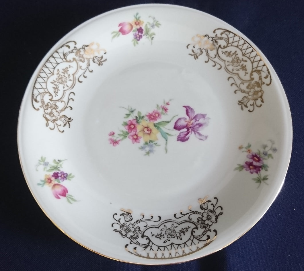 DESSERTTELLER - Porzellan, Abstraktes Blumen Motiv Goldrand Dekor (B)