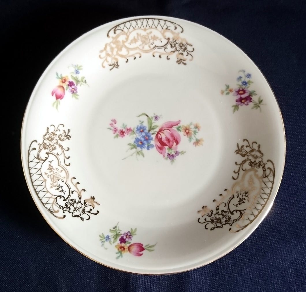 DESSERTTELLER - Porzellan, Abstraktes Blumen Motiv Goldrand Dekor (C)