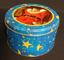 Lade das Bild in den Galerie-Viewer, GROßE GEBÄCKDOSE MIT DECKEL - Metall / Blech, Mond Sterne Weihnachtsmann Goldrand Motiv Dekor (G)
