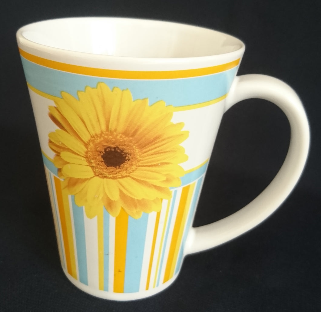 KAFFEETASSE - Keramik / Steingut, Sonnenblumen Blüten Senkrechte & Waagerechte Linien Balken Motiv Dekor