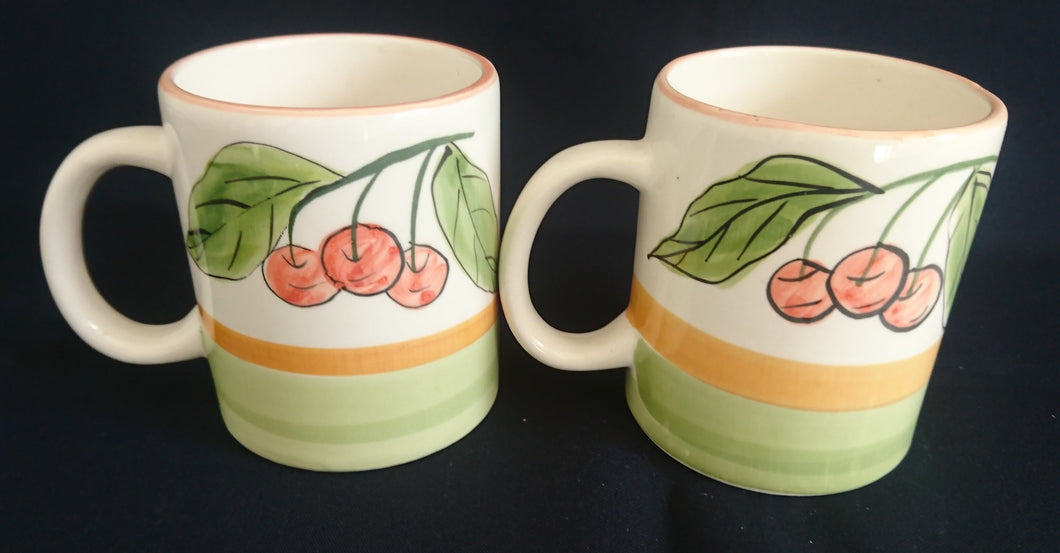 2er Set KAFFEETASSEN - Fein Keramik / Steingut, Kirschen Blätter Zweige Motiv Dekor