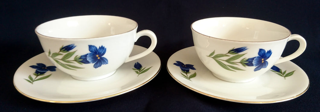 2er Set 2er TEEGEDECKE - Porzellan, Enzian Blumenblüten Goldrand Dekor