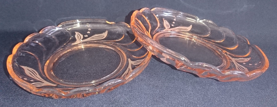 2er Set DESSERTSCHALEN - Hartglas, Blatt Blätter Linien Relief Schliff Dekor